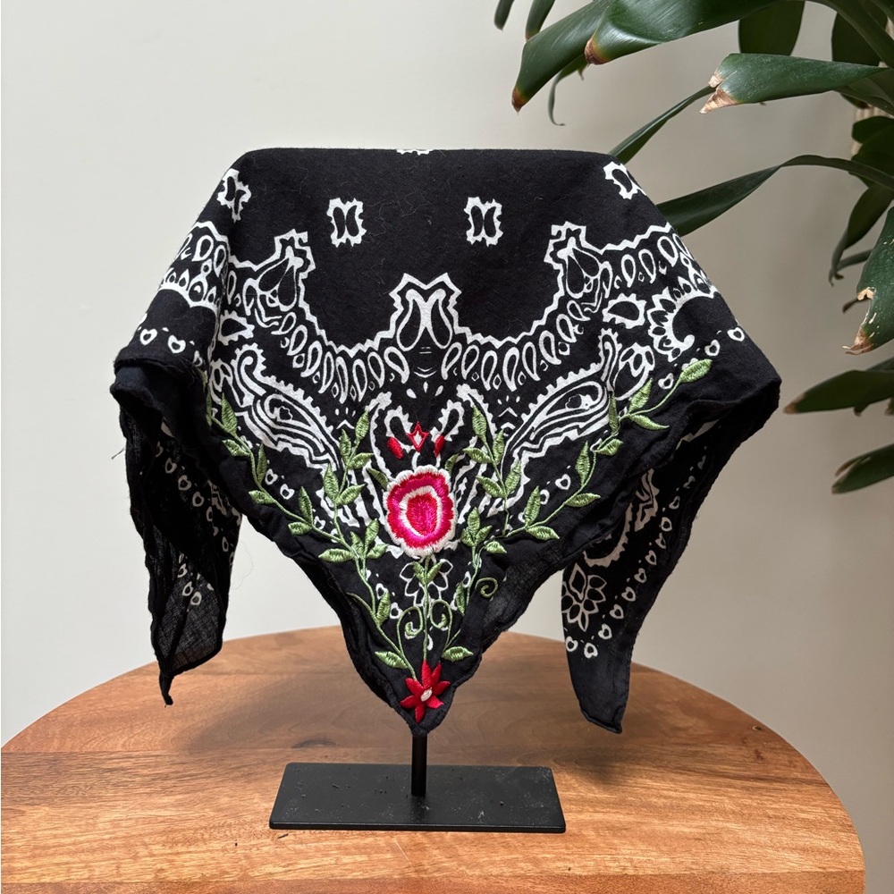 Black Bandana Scarf with Floral Embroidery